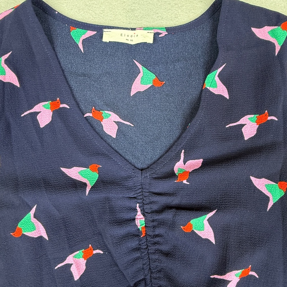 Elodie Bird Print Peplum Blouse Womens XS Navy Ruched Ruffle Cottagecore - Picture 2 of 7